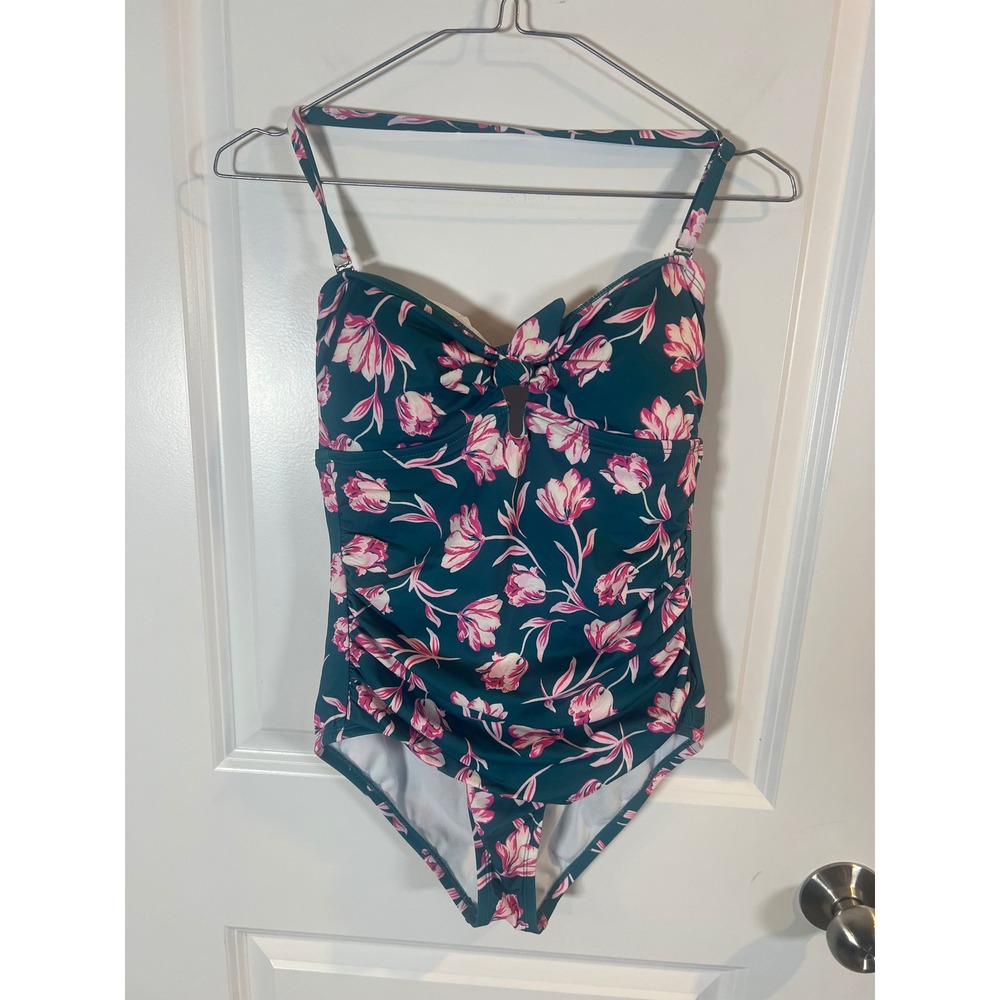 Draper James Womens One Piece Swimsuit Floral Ruched Teal‎ Pink Size S